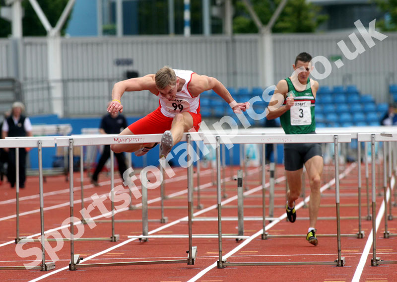 Matt Hudsonn (City of Sheffield) winner of the senior 110 metres hurdles, Northern Championships, Sport City, Manchester